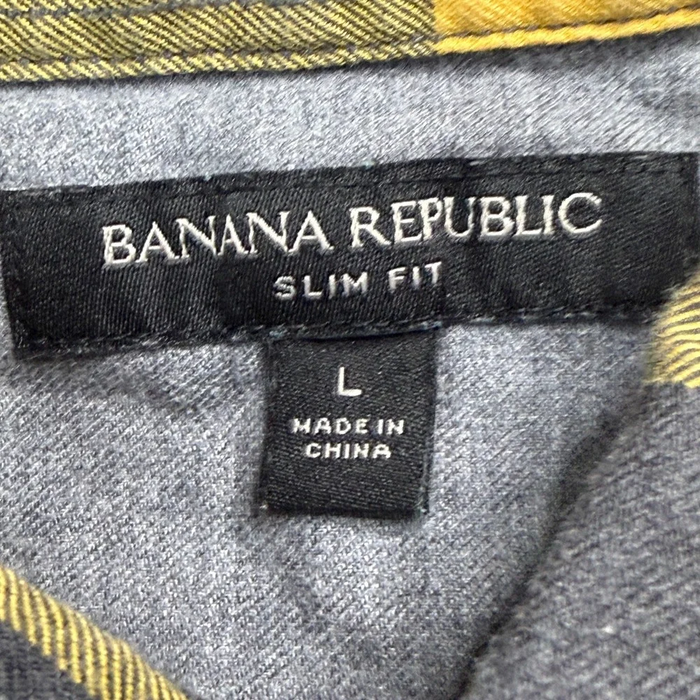 Banana Republic Mens Slim Fit Flannel Shirt Yellow Grey Buffalo Plaid Large EUC!